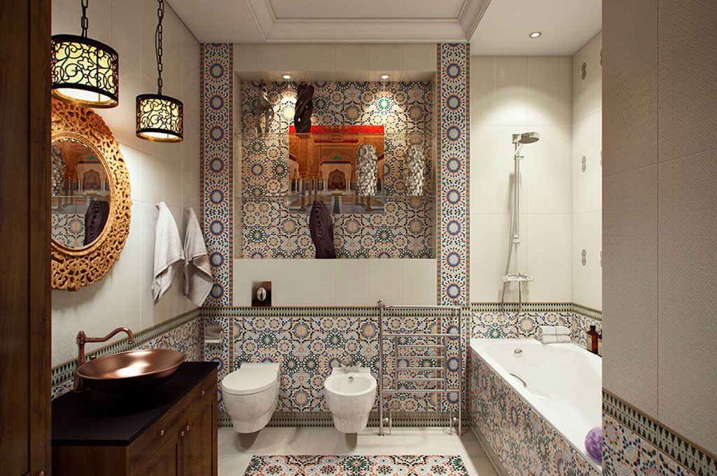 Для ванной в марокканском стиле нужно выбирать красочные бордюры